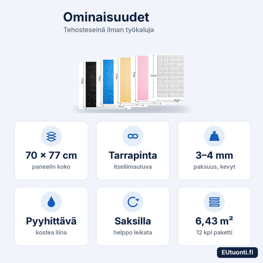 3D-seinäpaneelin ominaisuudet: 70 × 77 cm, tarrapinta, 3–4 mm, pyyhittävä