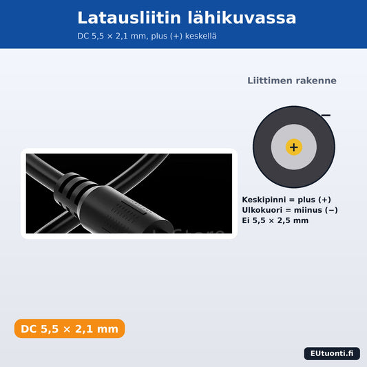 DC 5,5 × 2,1 mm latausliitin lähikuva