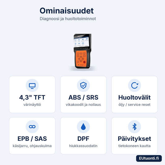Foxwell NT650 Elite ominaisuudet: 4,3" näyttö, ABS, SRS, huoltovälit, EPB, DPF
