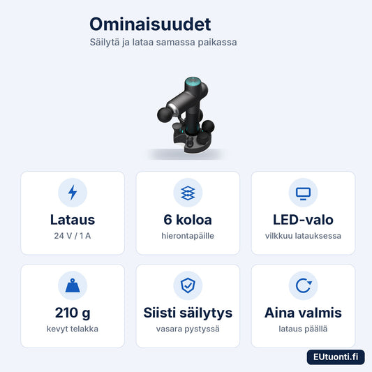 Booster lataustelakan ominaisuudet: 24 V lataus, 6 hierontapään paikat, LED-valo