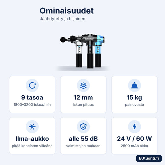 Booster E-Cool ominaisuudet: 9 tasoa, 12 mm isku, 15 kg painovaste, alle 55 dB