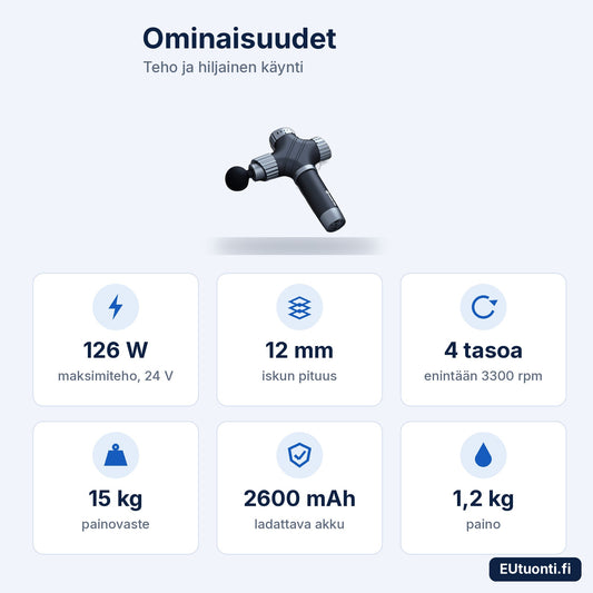 Booster Ultraquiet ominaisuudet: 126 W, 12 mm isku, 4 tasoa, 15 kg painovaste, 2600 mAh, 1,2 kg
