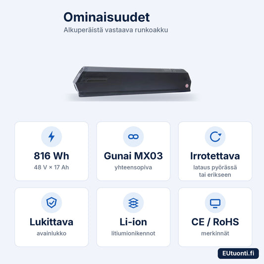 MX3-akun ominaisuudet: 816 Wh, Gunai MX03, irrotettava, lukittava, Li-ion, CE/RoHS
