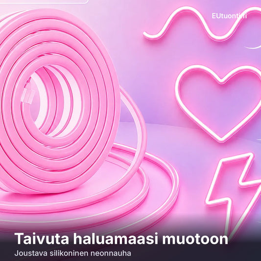 Joustava RGB neonnauha taivutettuna sydämeksi ja kuvioiksi