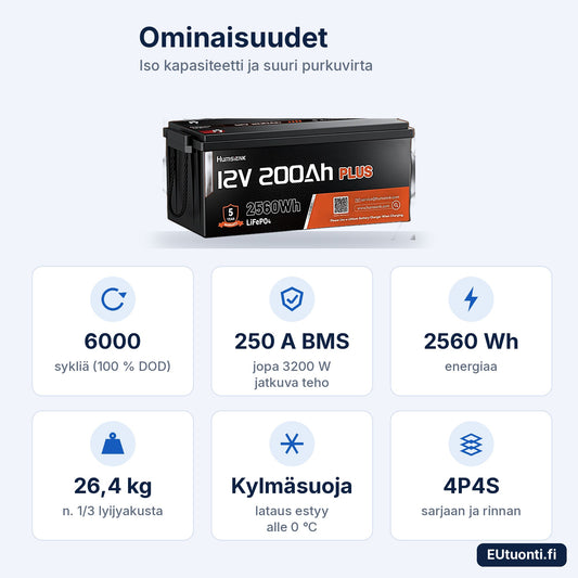 Litiumakku 12 V 200 Ah ominaisuudet