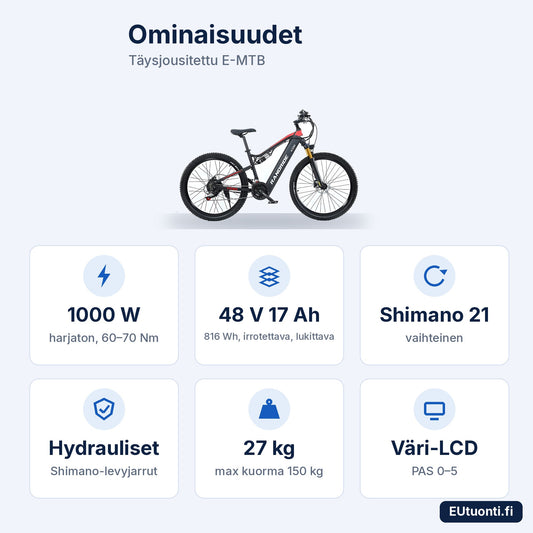 Randride ominaisuudet: 1000 W, 48 V 17 Ah 816 Wh, Shimano 21, hydrauliset jarrut, 27 kg, väri-LCD