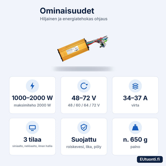 Kontrollerin ominaisuudet: 1000–2000 W, 48–72 V, 34–37 A, 3 toimintatilaa, suojattu, 650 g