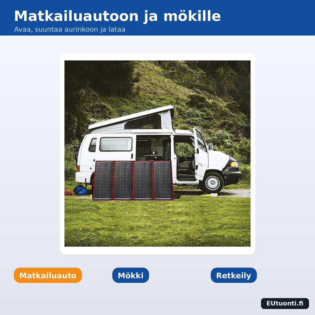 Taitettava aurinkopaneeli matkailuauton vieressä