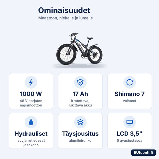 Gunai MX03 ominaisuudet: 1000 W, 17 Ah, Shimano 7, hydrauliset levyjarrut, täysjousitus, LCD