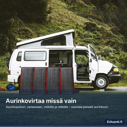 Taittuva aurinkopaneeli asuntoauton vieressä