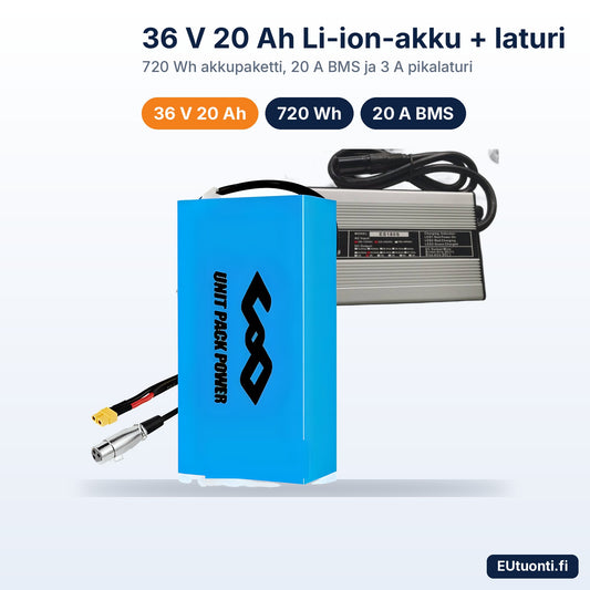 36 V 20 Ah Li-ion-akku 720 Wh ja 3 A laturi