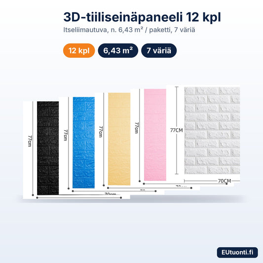 3D-tiiliseinäpaneelit 12 kpl eri väreissä