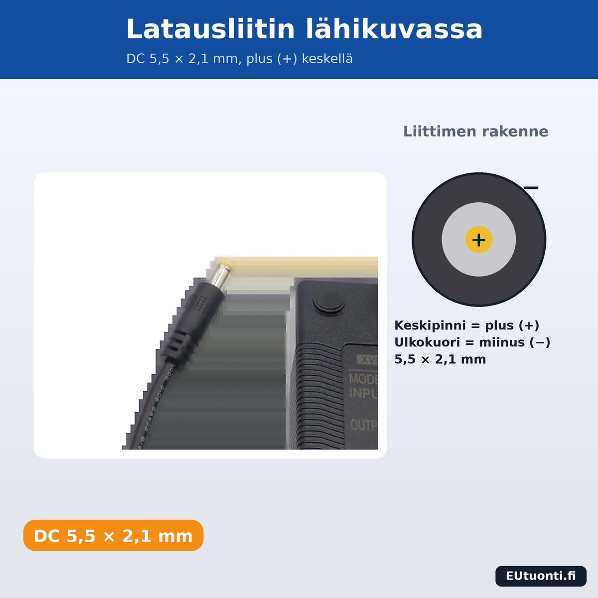 DC 5,5 × 2,1 mm latausliitin lähikuva
