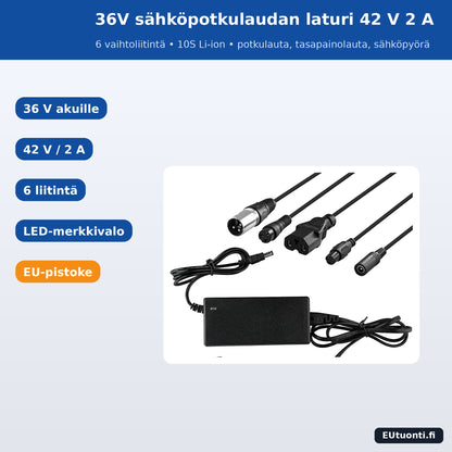 36V sähköpotkulaudan laturi 42 V 2 A – 6 vaihtoliitintä (myös sähköpyörä)