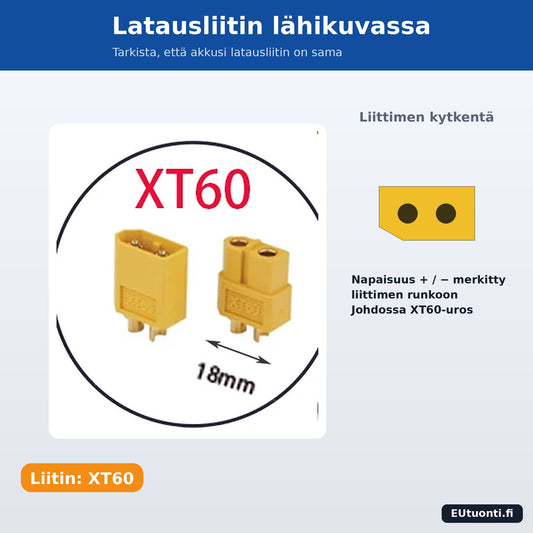 XT60 latausliitin lähikuva ja kytkentä