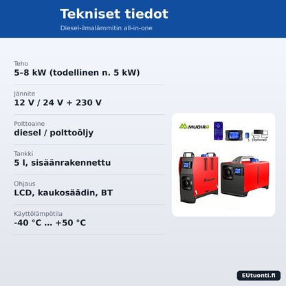 Diesel lisälämmitin 8 kW tekniset tiedot