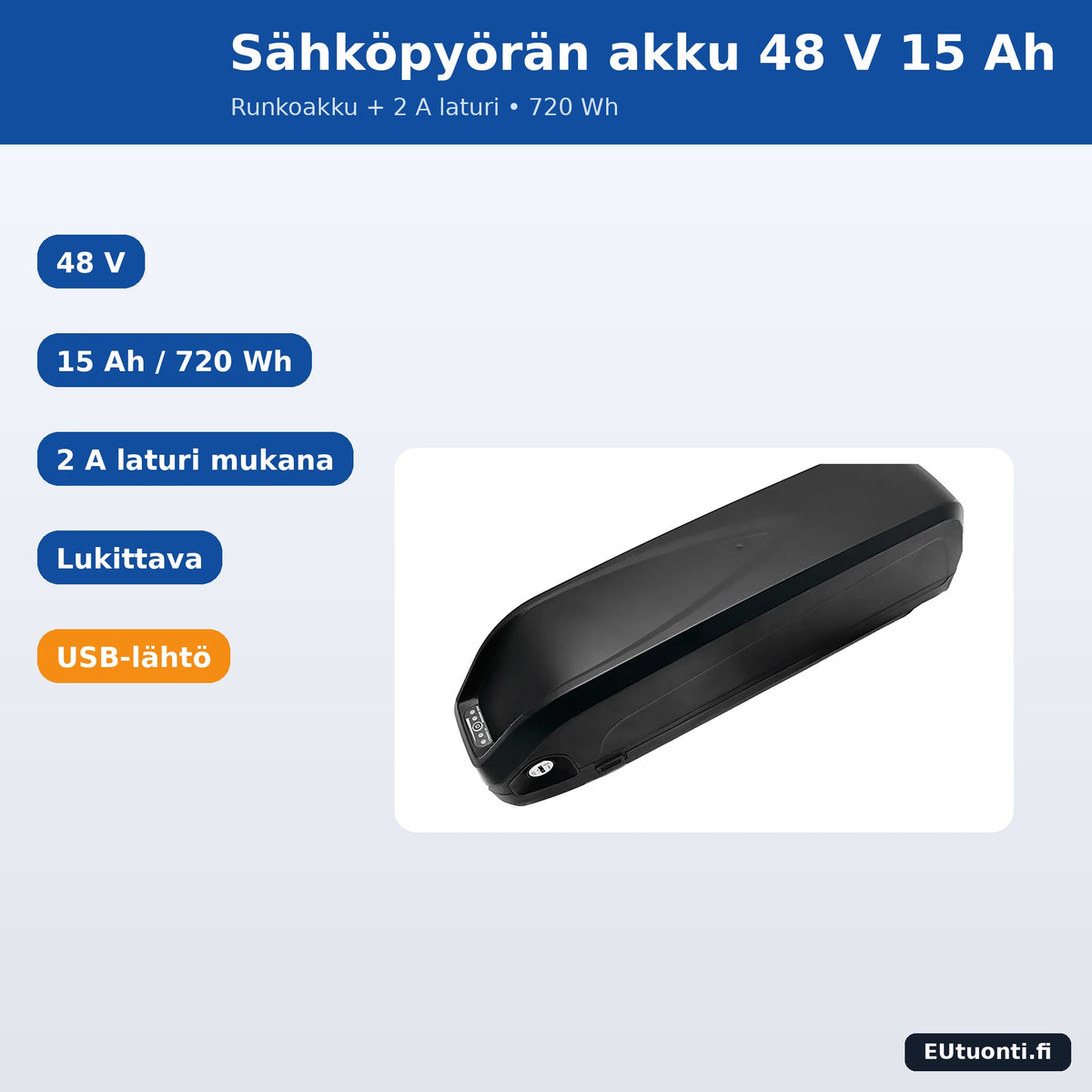 Sähköpyörän runkoakku 48 V 15 Ah ja 2 A laturi