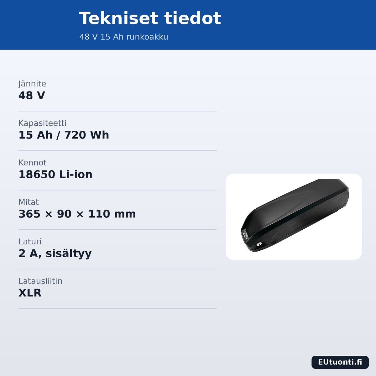 48 V 15 Ah akun tekniset tiedot