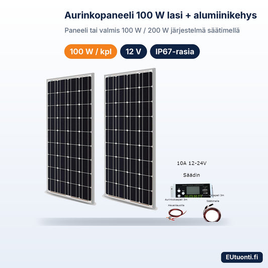 100 W aurinkopaneeli lasi ja alumiinikehys, lataussäädin ja kaapelit