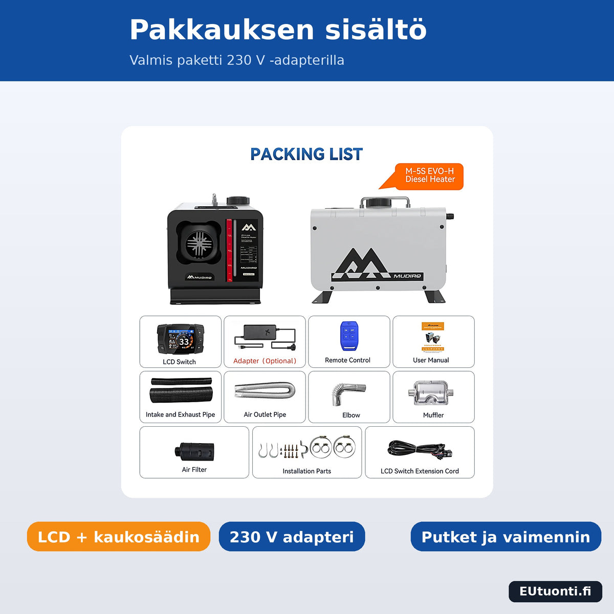 Diesel lisälämmittimen pakkauksen sisältö ja 230 V adapteri