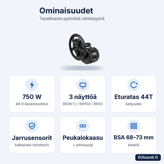 Bafang BBS02B ominaisuudet: 750 W, 3 näyttövaihtoehtoa, 44T, jarrusensorit