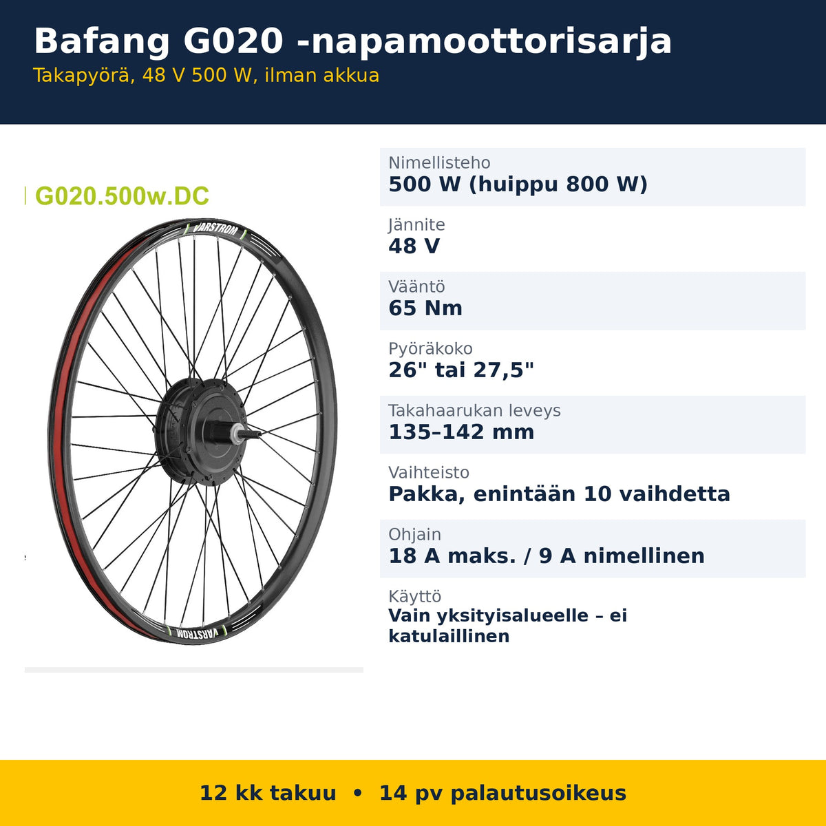 Bafang G020 muunnossarjan tekniset tiedot suomeksi
