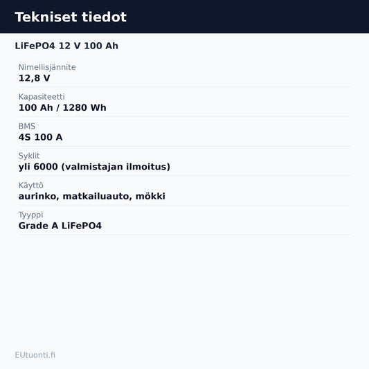 LiFePO4 12 V 100 Ah tekniset tiedot