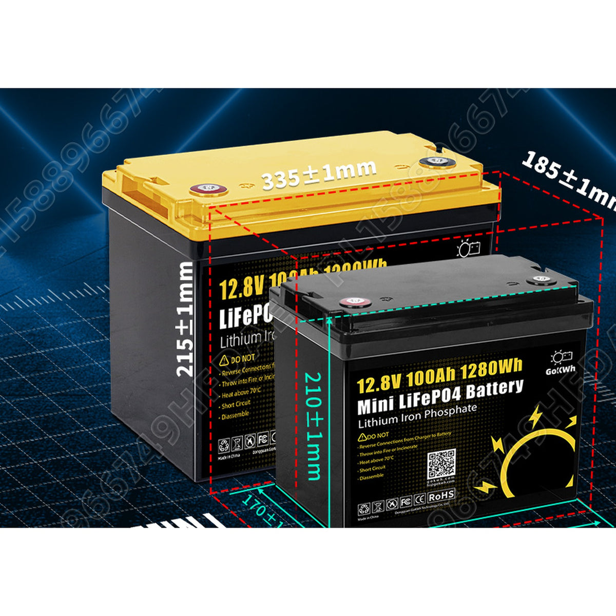 LiFePO4-akun 12 V 100 Ah mitat