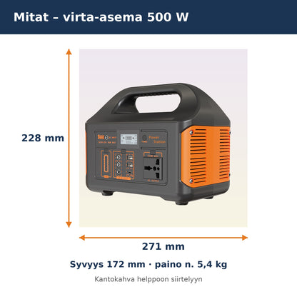 Virta-aseman mitat 271 × 172 × 228 mm