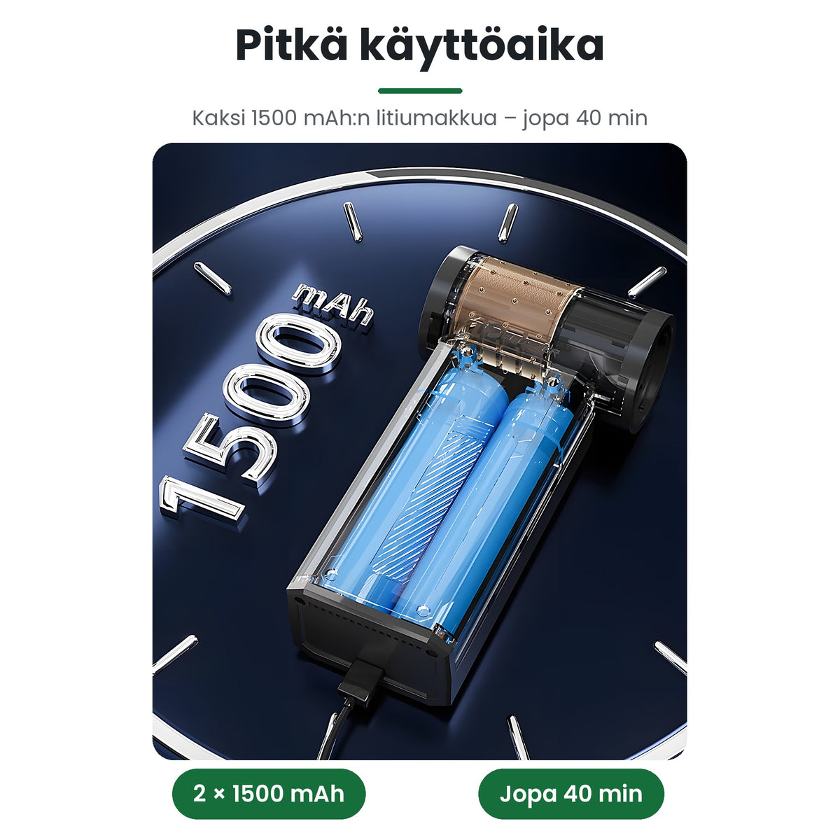 Booster W01 minipuhaltimen kaksi 1500 mAh:n litiumakkua, käyttöaika jopa 40 min
