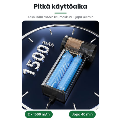 Booster W01 minipuhaltimen kaksi 1500 mAh:n litiumakkua, käyttöaika jopa 40 min