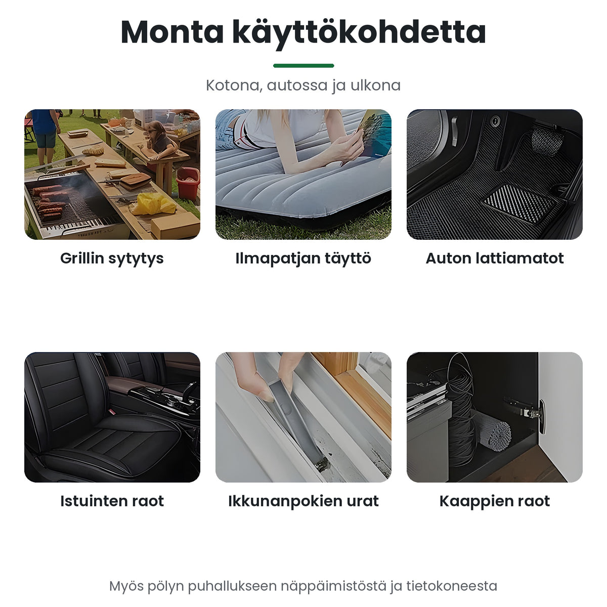 Booster W01 minipuhaltimen käyttökohteet: grilli, ilmapatja, auton matot ja raot
