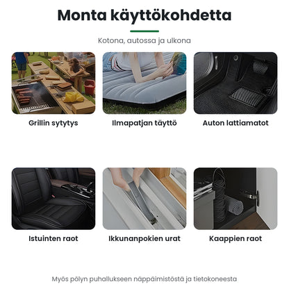 Booster W01 minipuhaltimen käyttökohteet: grilli, ilmapatja, auton matot ja raot