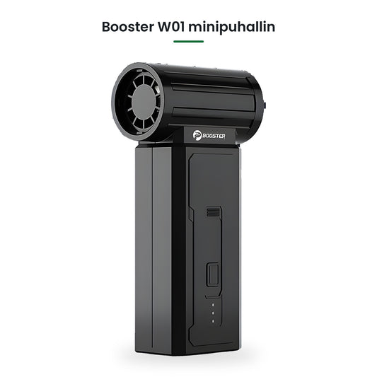 Booster W01 akkukäyttöinen minipuhallin valkoisella taustalla