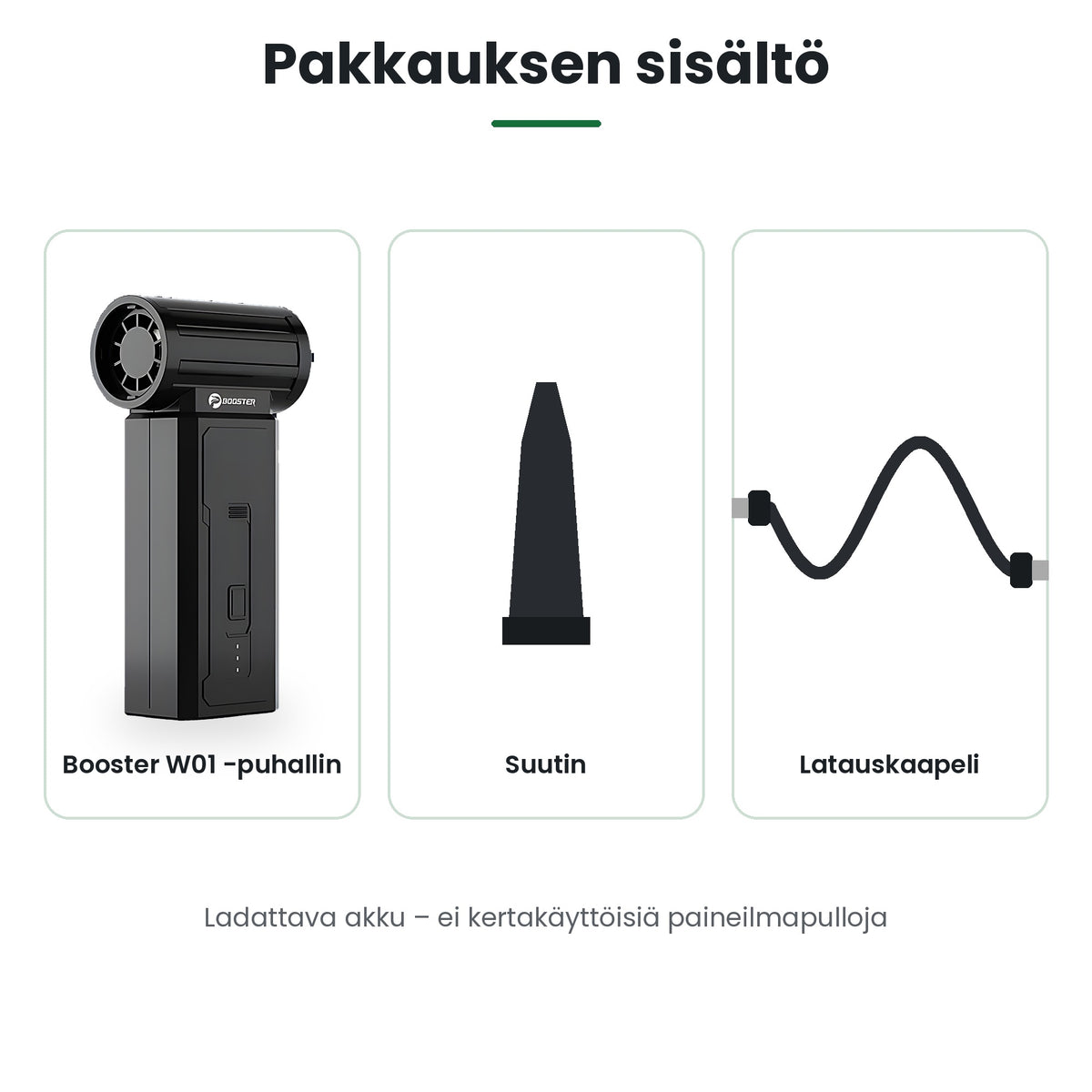 Booster W01 minipuhaltimen pakkauksen sisältö: puhallin, suutin ja latauskaapeli