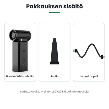 Booster W01 minipuhaltimen pakkauksen sisältö: puhallin, suutin ja latauskaapeli