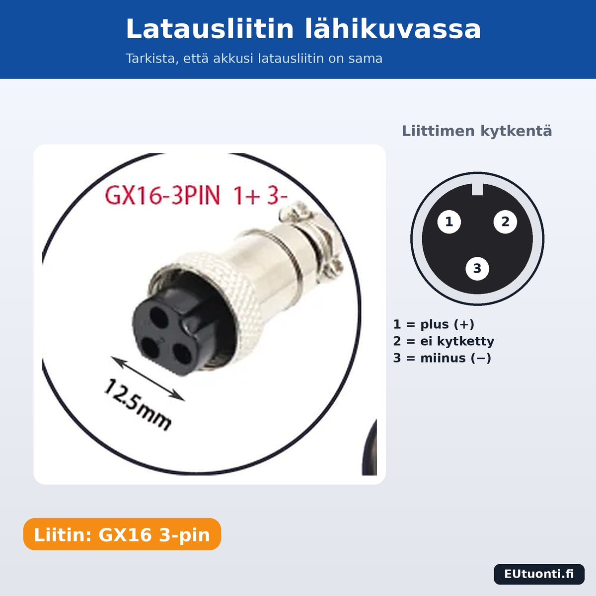 GX16 3-pin latausliitin lähikuva ja kytkentä