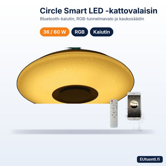 Circle Smart LED -kattovalaisin Bluetooth-kaiuttimella, kaukosäädin ja sovellus