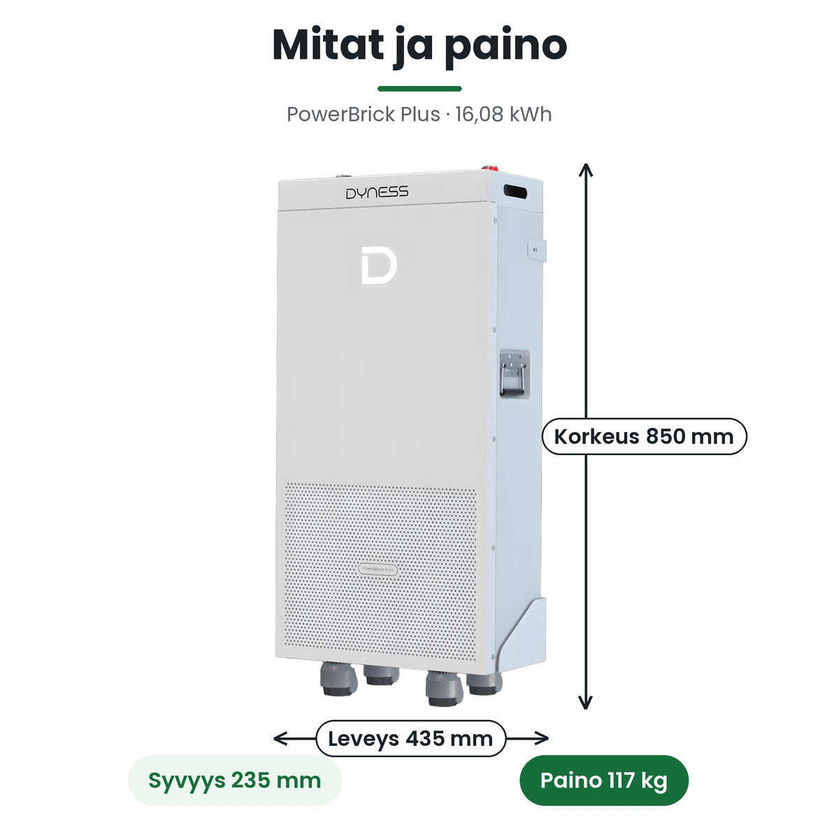 Dyness PowerBrick Plus mitat 435 × 235 × 850 mm ja paino