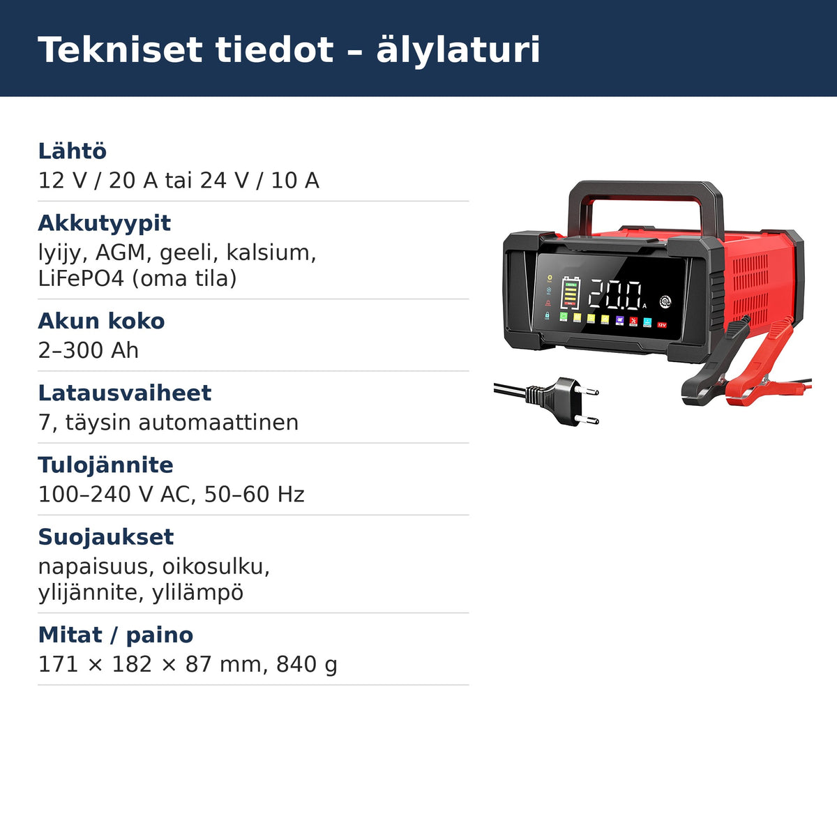 Akkulaturin tekniset tiedot