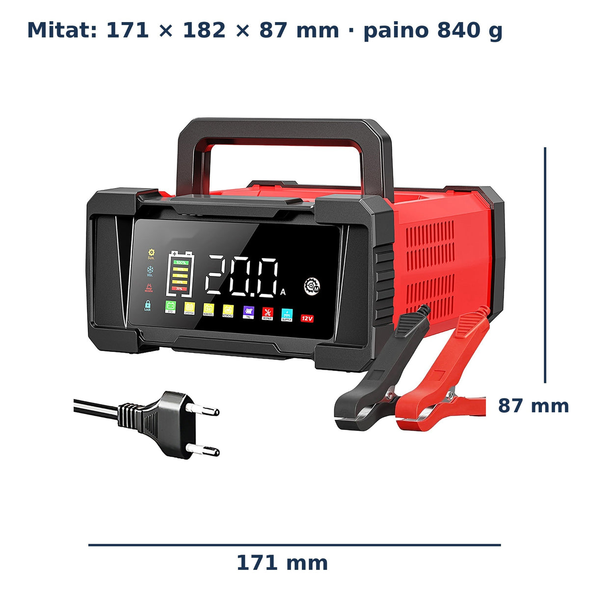 Akkulaturin mitat 171 × 182 × 87 mm