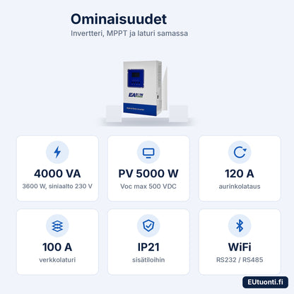 EASUN hybridi-invertteri 4 kW ominaisuudet: 4000 VA, PV 5000 W, 120 A, 100 A
