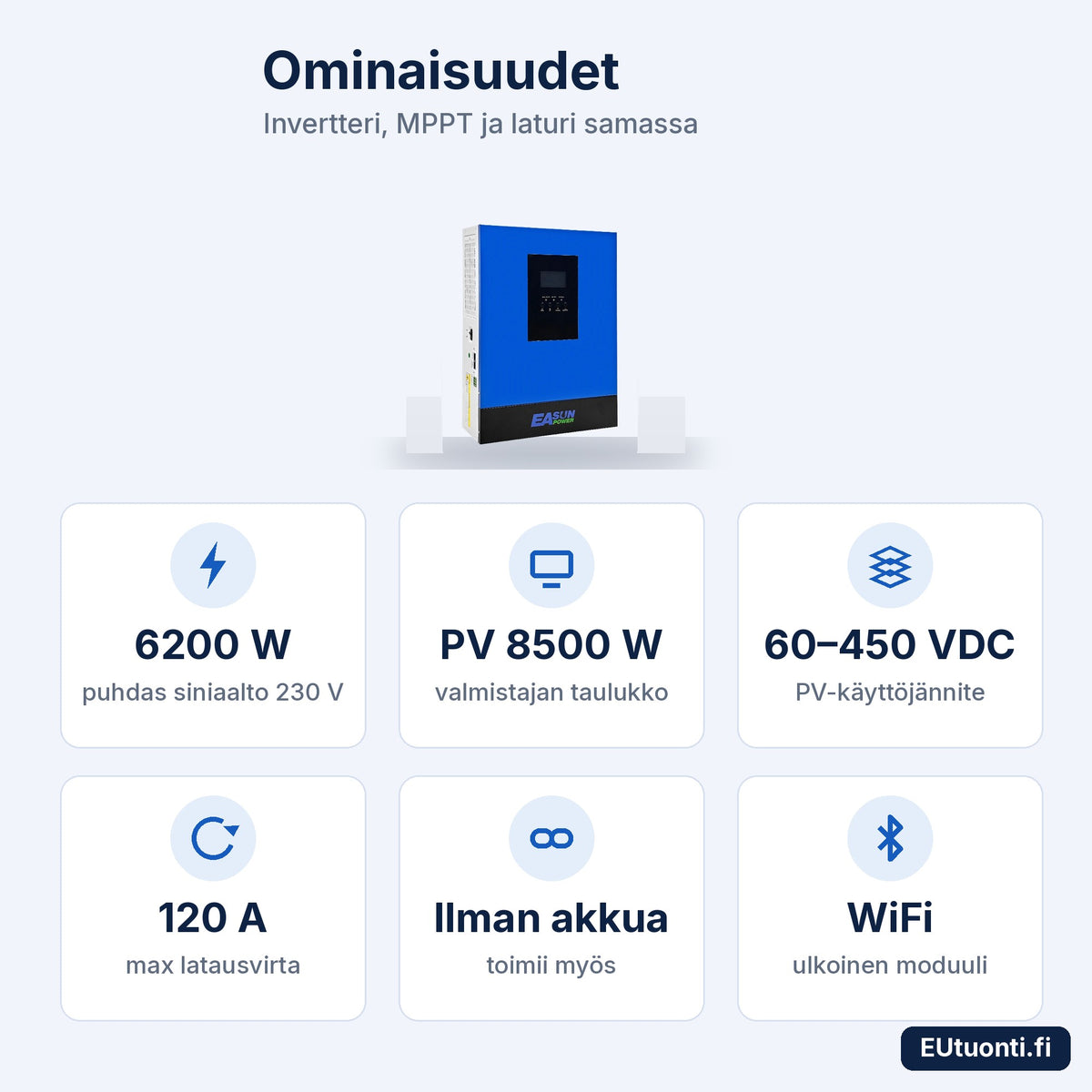 EASUN hybridi-invertteri 6,2 kW ominaisuudet: 6200 W, PV 8500 W, 60–450 VDC, 120 A