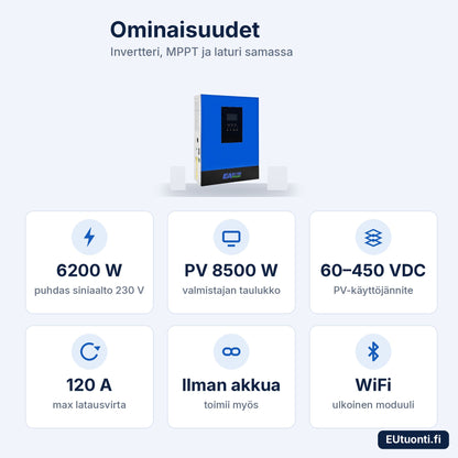 EASUN hybridi-invertteri 6,2 kW ominaisuudet: 6200 W, PV 8500 W, 60–450 VDC, 120 A