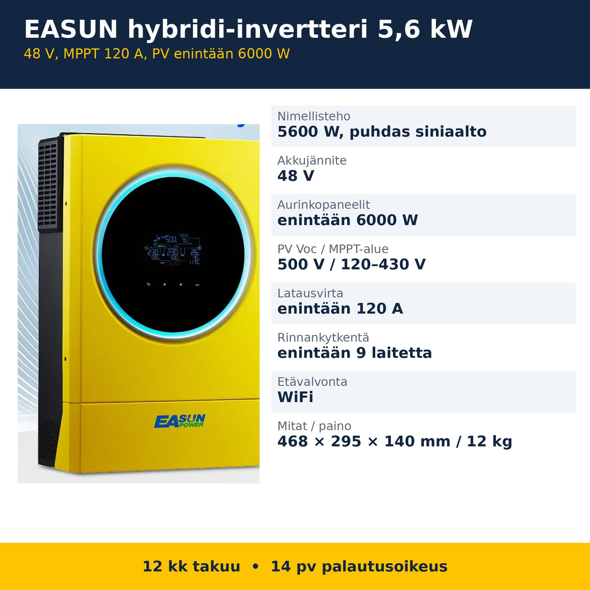 EASUN 5,6 kW hybridi-invertterin tekniset tiedot suomeksi