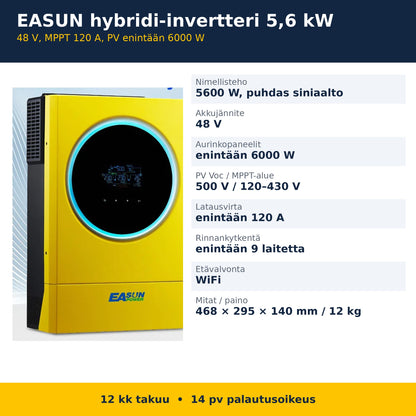 EASUN 5,6 kW hybridi-invertterin tekniset tiedot suomeksi