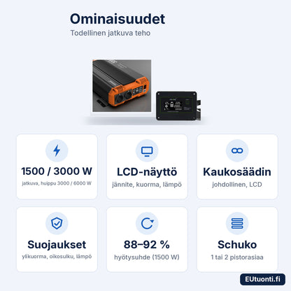 FCHAO-invertterin ominaisuudet: 1500/3000 W, LCD, kaukosäädin, suojaukset