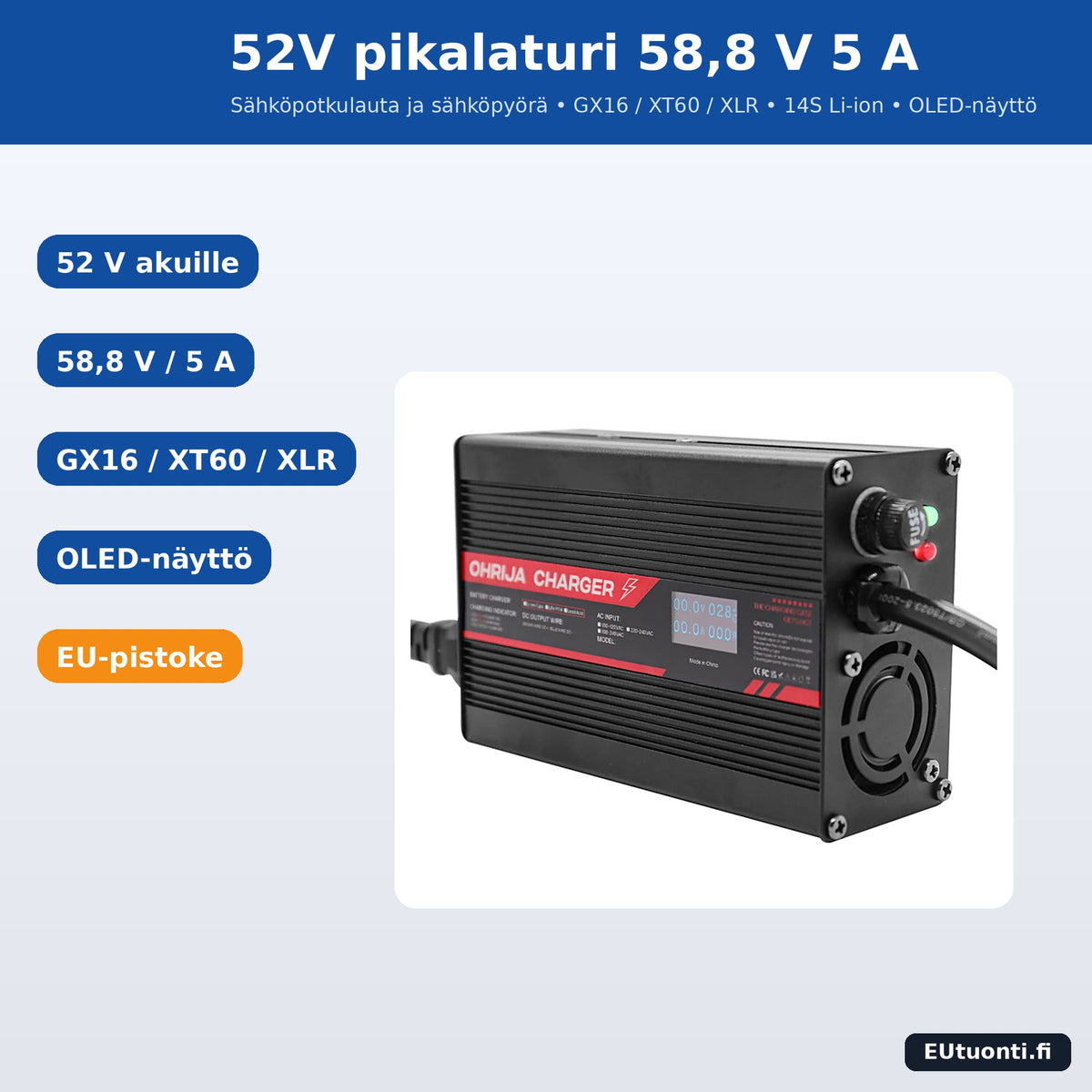 52V pikalaturi 58,8 V 5 A – sähköpyörä ja sähköpotkulauta, GX16, XT60 tai XLR