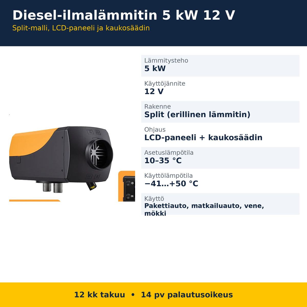 GEARELEC diesel-ilmalämmittimen tekniset tiedot suomeksi