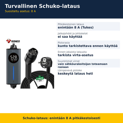 Turvallinen Schuko-lataus: suositus 8 A, ei jatkojohtoja